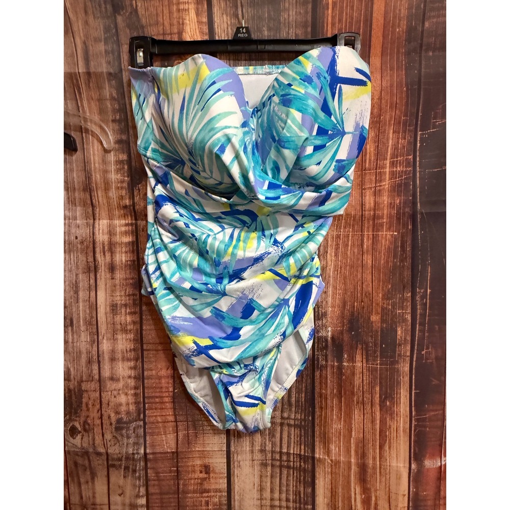 Sonnet Shores Tropical Palm Bandeau One Piece Swimsuit Blue Green 12